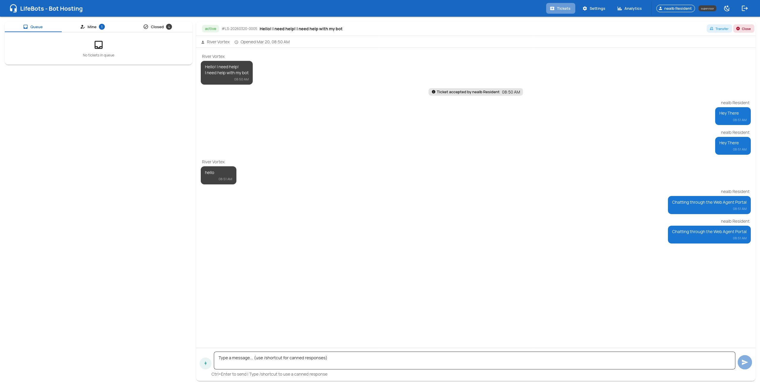 Agent Portal — live chat with a customer